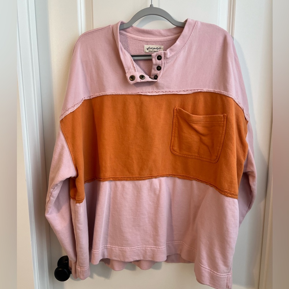 Free People Oversized Pink and Orange Colorblock Pullover - Picture 3 of 10